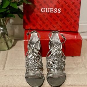 GUESS Hilonas Strapped Heels (Pewter Fabric, Rhinestone detailing)